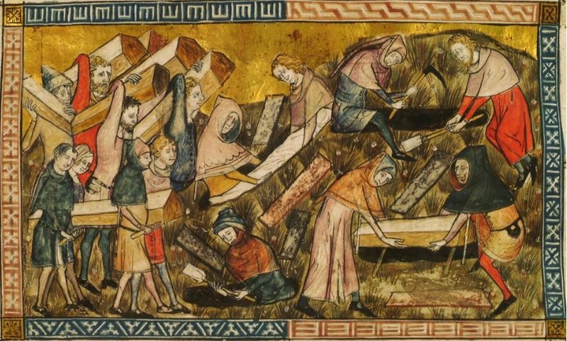 Miniature of the people of Tournai burying victims of the Black Death, about 1353, by Pierart dou Tielt