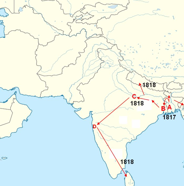 Map of cholera spreading across the Indian subcontinent in 1817 and 1818