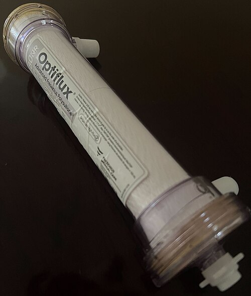 Hollow-fiber hemodialyzer used as an artificial kidney