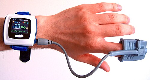 Fingertip pulse oximeter in clinical use