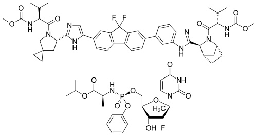 Chemical structures of the hepatitis C drugs ledipasvir and sofosbuvir